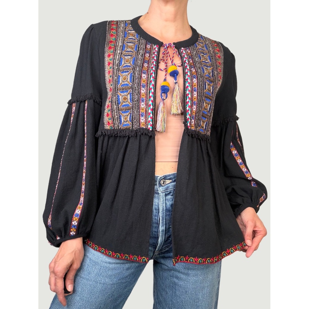 New Zara Beaded Folk Embroidered Tassel‎ Boho Blouse Balloon Sleeve Top NWT M